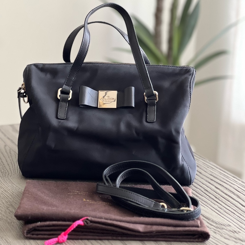 KATE SPADE BLACK LEATHER BOW MEDIUM CROSSBODY SATCHEL BAG PURSE POCKETBOOK